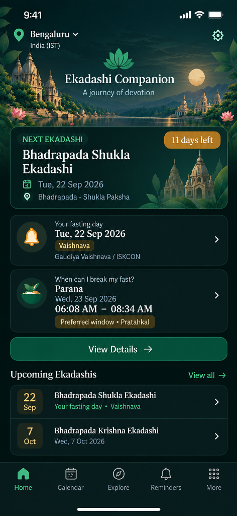 Ekadashi Companion Android app interface showing Bhadrapada Shukla Ekadashi countdown, fasting day badge, and Parana time window