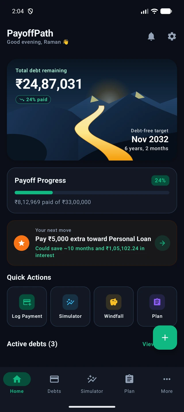PayOffPath Android app current interface showing debt-free target, mountain road visualization, and payoff progress