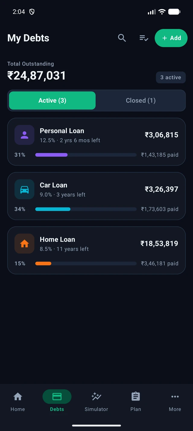 PayOffPath My Debts screen showing active debt list, APRs, and balances