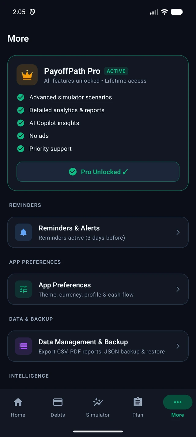 PayOffPath Settings screen showing on-device backup options and preferences